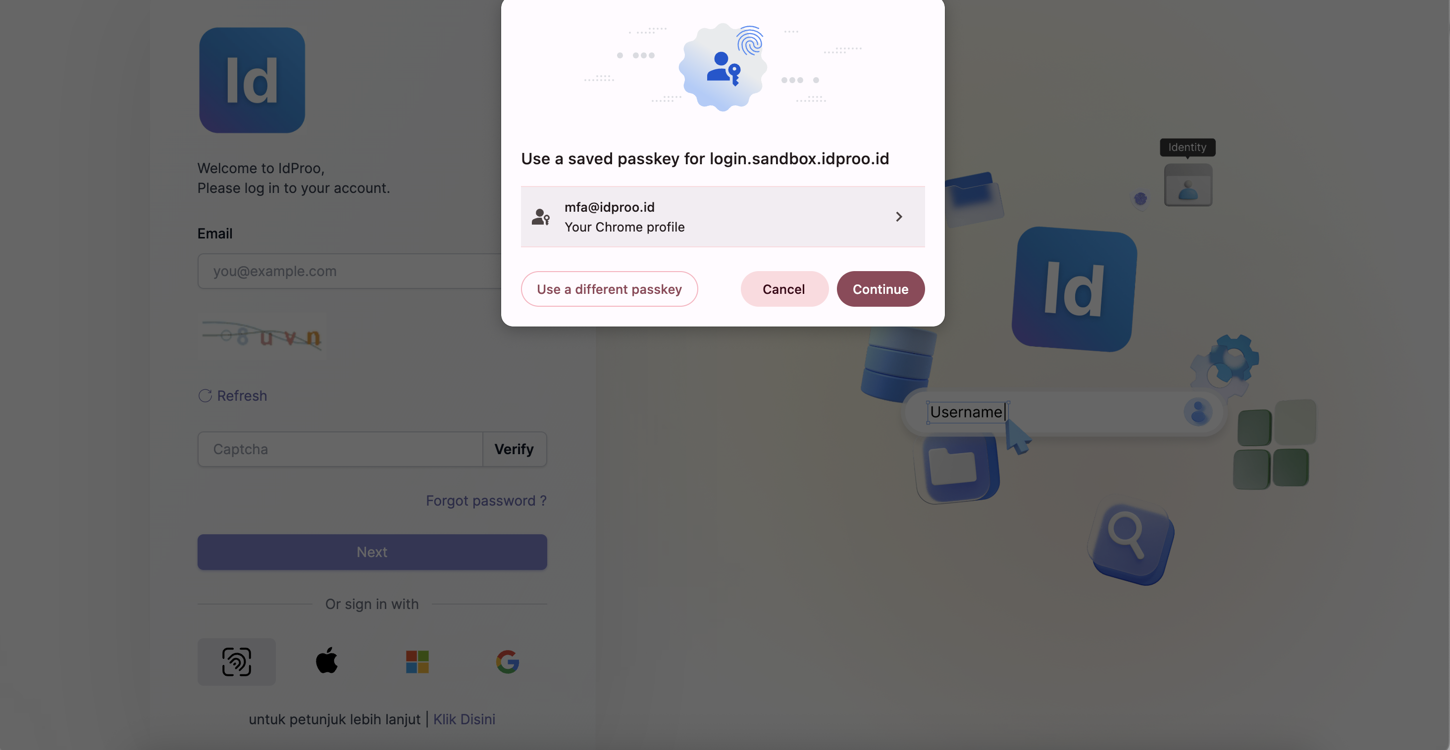 Pop up passkey, pilih akun dan klik Continue